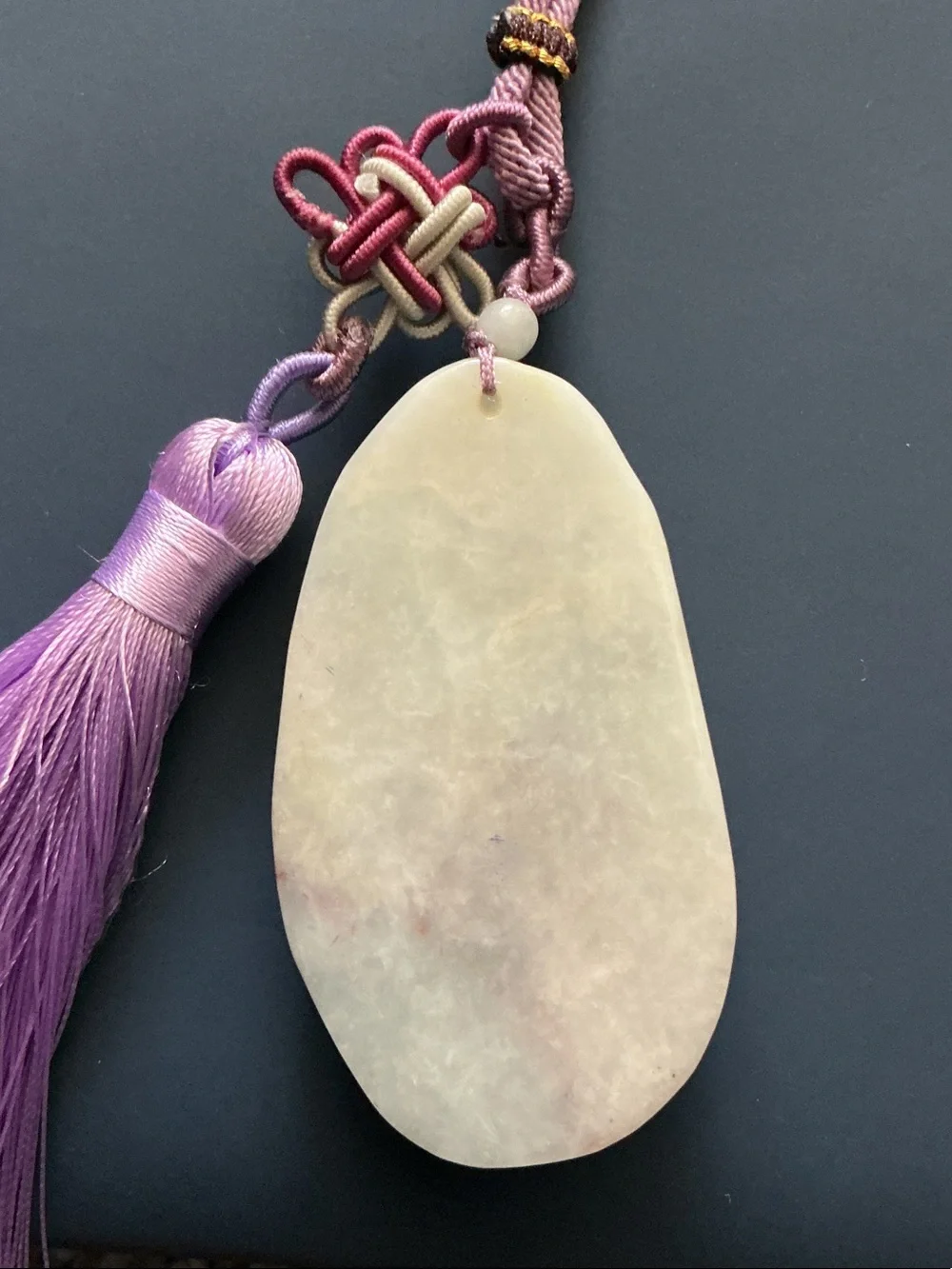White Jade Prosperity Brooch with Pink and Purple Tassel